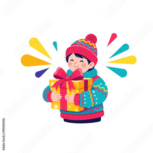 Excited Child Holds Brightly Wrapped Gift Present Joyful Celebration