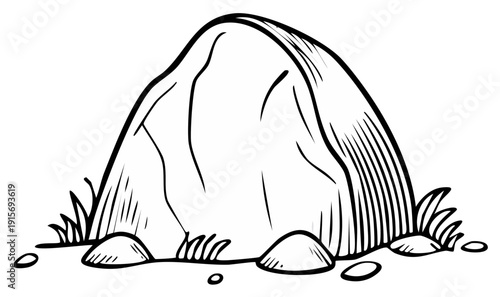 Cartoon rock with grass and smaller stones in a line drawing style