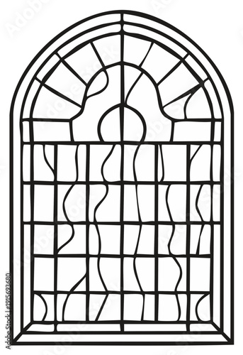 Ornate Gothic Arch Window Silhouette with Decorative Scrollwork and Grille Pattern