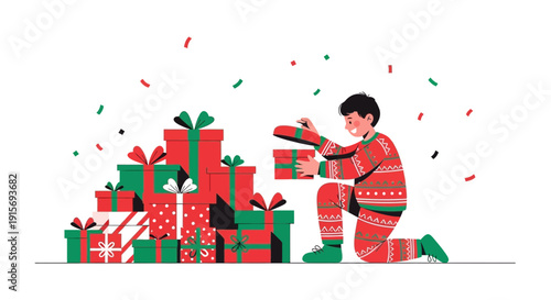 Excited Child Unwrapping A Stack Of Colorful Presents With Festive Confetti Falling