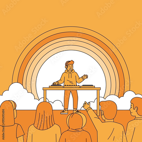 Energetic Dj Performing Music For A Cheerful Crowd Under A Stylized Rainbow