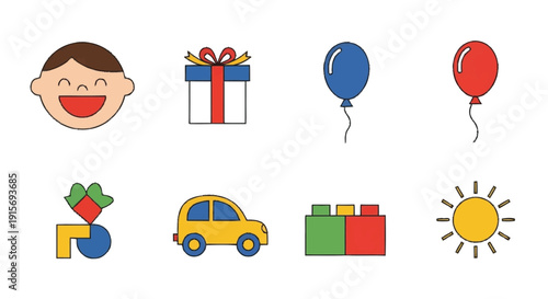 Cartoon child face smiling with gift box balloons blocks car and sun smile