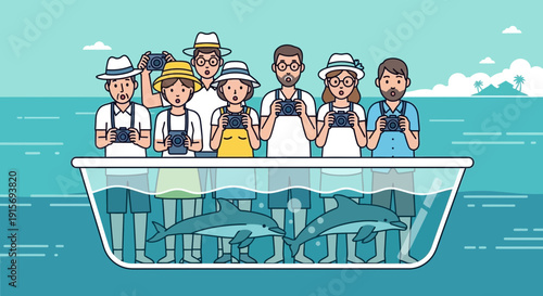 Excited Tourists Photograph Dolphins From Boat Observation Deck