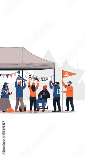 Excited Sports Fans Gathering At Outdoor Event Under Canopy Celebrating Game Day Joyfully
