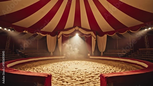 circus tent with red and white striped canopy over empty sandy ring waiting for performers or circus entertainment events to begin