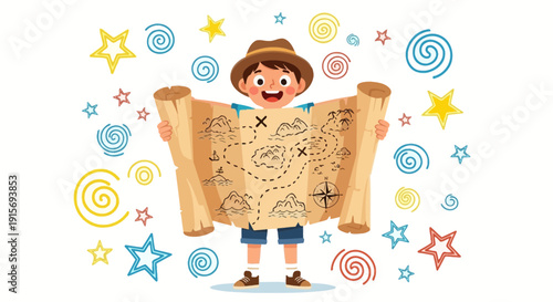 Excited Young Explorer Holds Ancient Treasure Map With Stars and Swirls