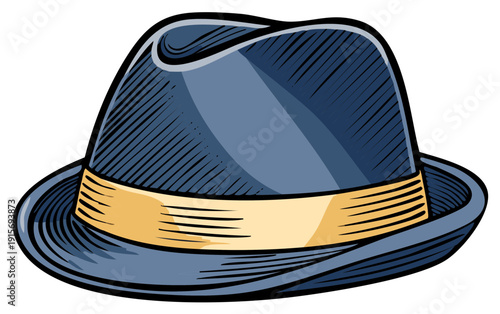 Classic fedora hat with blue fabric and gold band illustration