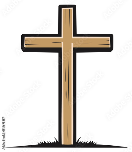 Simple Wooden Cross Isolated on White Background with Ground and Grass Elements
