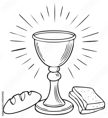 Chalice and Bread Depicting Eucharist or Holy Communion with Radiating Light in Line Art Style for Coloring Pages