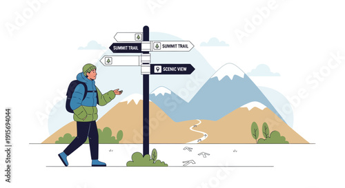 Explorer At Signpost With Mountain Paths Choice For Adventure Scenic Routes And Summit Trails