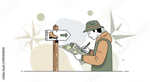 Explorer Consulting Map At Trailhead Sign With Hiking Boot Symbol And Compass Rose