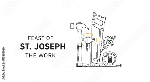St Joseph the Work tools hammer tape measure and saw with flower Feast of St Joseph