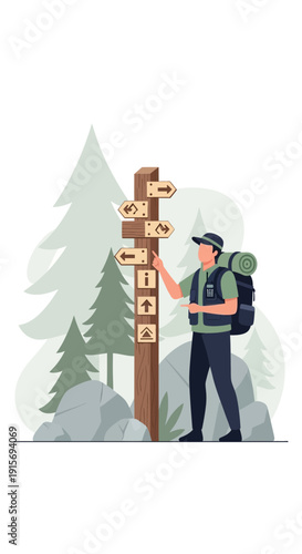 Explorer Consults Directional Signpost Amidst Forested Serenity