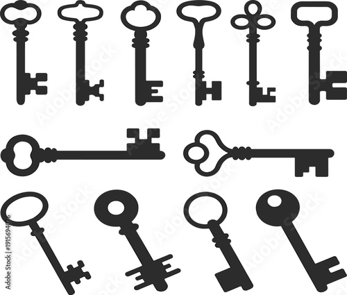 Vintage skeleton key silhouettes set for antique lock opening mysterious secret discovery and old decorative design
