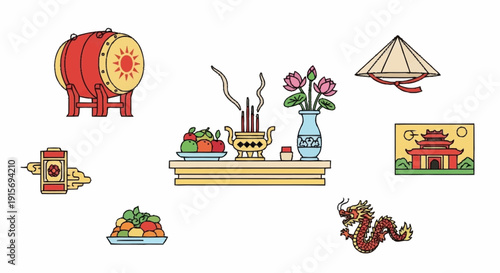 Asian cultural symbols and on white background drum sun symbol