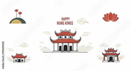 Chinese temple buildings with red roofs and happy hung kings text chinese architecture