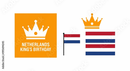 Netherlands King's Birthday orange square with white crown and text next to Dutch flag and