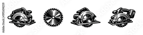 Circular saw flat vector icons set: power tools, carpentry, construction equipment collection