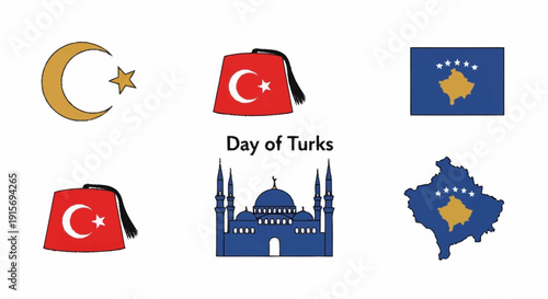 Turkish and Kosovan symbols on white background Turkish flag Kosovan flag mosque