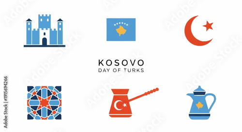 Kosovo Day of Turks cultural symbols and Turkish coffee pot castle flag