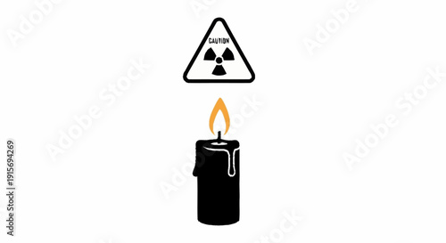 Caution sign and lit black candle radiation warning sign triangle flame