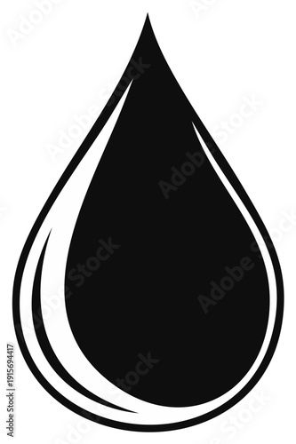 Black water drop illustration, representing concept of liquid, resource, nature, and minimalism.