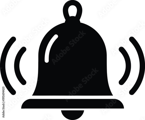 A black bell icon with sound waves ringing alert notification symbol