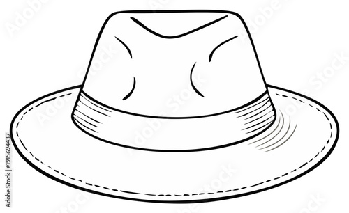 Outline illustration of a classic Fedora hat with brim and ribbon decoration accessory for men