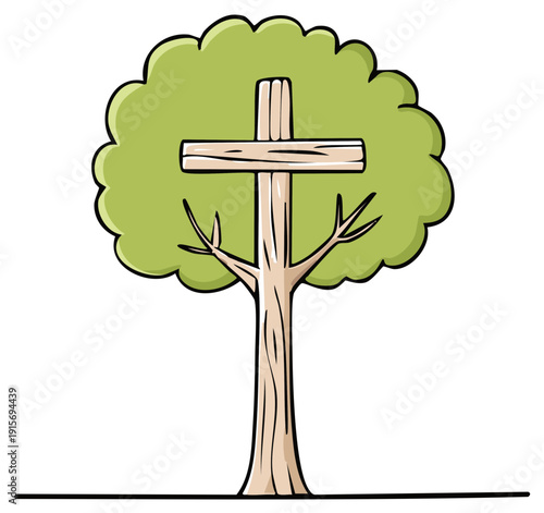 Tree with a Cross, Cartoon Style, Symbol of Faith and Religion