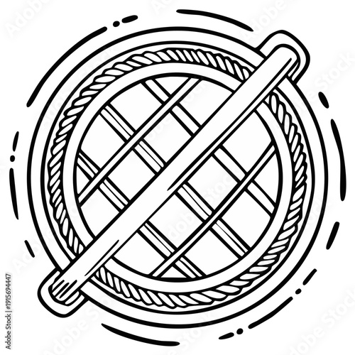 Hand drawn pie lattice crust icon with a rolling pin and braided decorative edge illustration