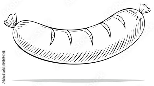 Classic grilled pork sausage link black and white sketch illustration for menu design