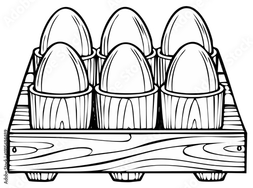 Six large eggs in a rustic wooden carton with individual paper cups for Easter or breakfast