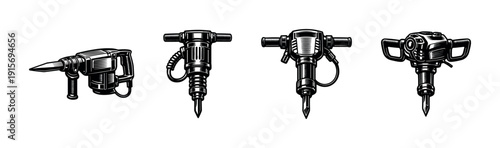Jackhammer flat vector icons set. demolition and construction tools collection