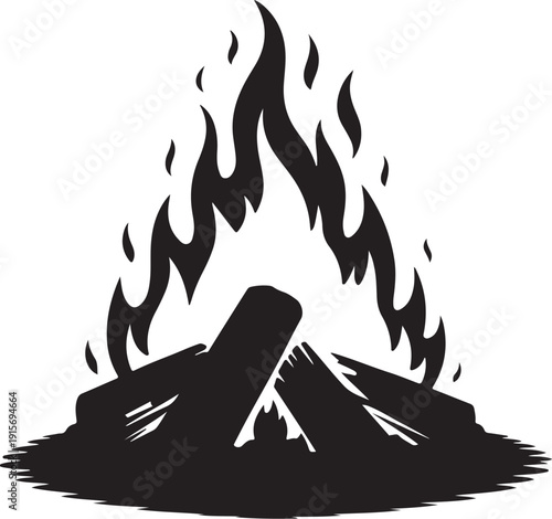 Black and white illustration of burning wood logs with flames on transparent background