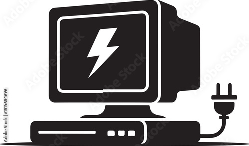 Computer monitor with lightning bolt on screen and plug connected to CPU on white background