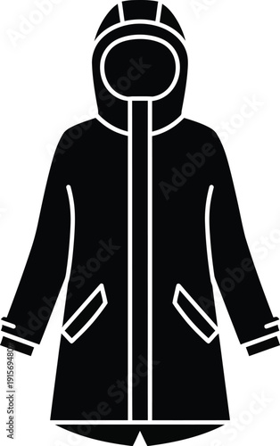 Black silhouette icon of a hooded parka jacket with a front zipper and pockets on a white background.