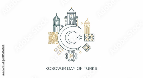 Kosovur Day of Turks celebration with mosque architecture and crescent moon Turkish celebration