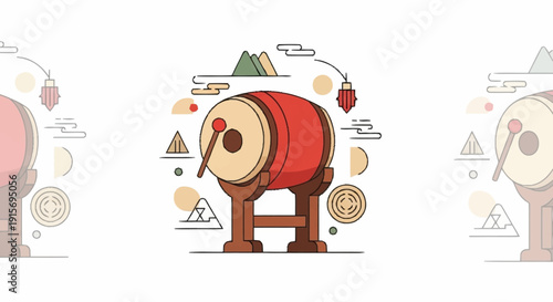 Red drum with beige ends on brown stand surrounded by geometric shapes beige drum ends