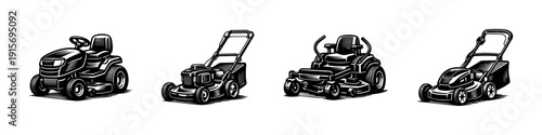 Garden equipment flat vector icons set: lawn mower machinery in classic design
