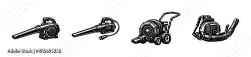 Leaf blower tools collection. flat vector icons set. garden equipment and vacuum illustrations