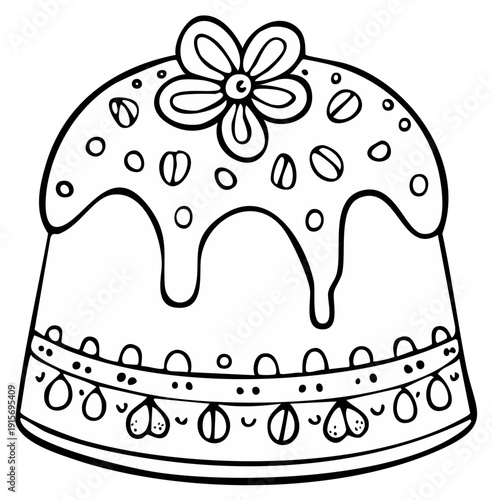 Outline drawing of a traditional festive cake with dripping icing, sprinkles, and a flower decoration, perfect for coloring