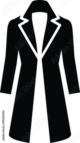 A black and white icon depicting a long trench coat or overcoat with a prominent collar and lapels