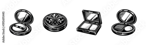 Flat vector icons set: vintage makeup compacts, retro cosmetic cases, beauty essentials collection