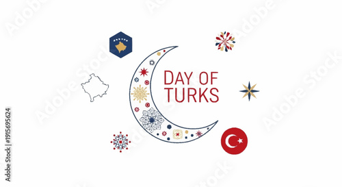 Day of Turks celebration with crescent moon and stars Turkish flag floral patterns