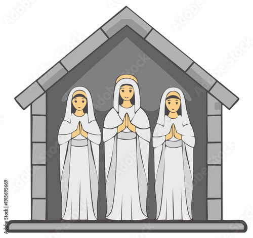 Cartoon depiction of three praying figures in white robes inside a stone chapel, religious illustration
