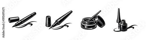 Calligraphy flat vector icons set. ink pen and brush tools collection. artistic drawing symbols