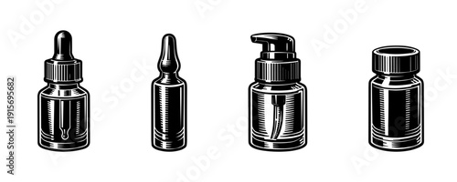 Pharmacy bottles flat vector icons set. medicine containers collection. applique elements