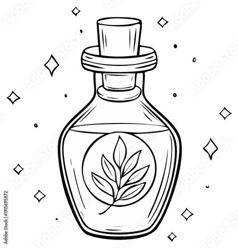 Hand drawn illustration of a corked glass bottle containing a potion with a leaf emblem inside surrounded by sparkling stars and dots