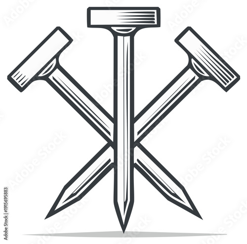 Three metallic nails crossed forming a symbolic shape illustration