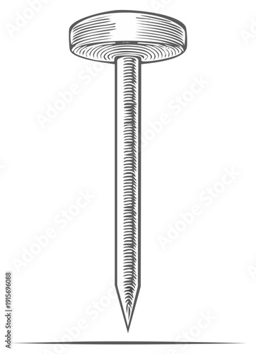 Detailed Engraving Illustration of a Single Metal Nail for Fastening and Fixing
